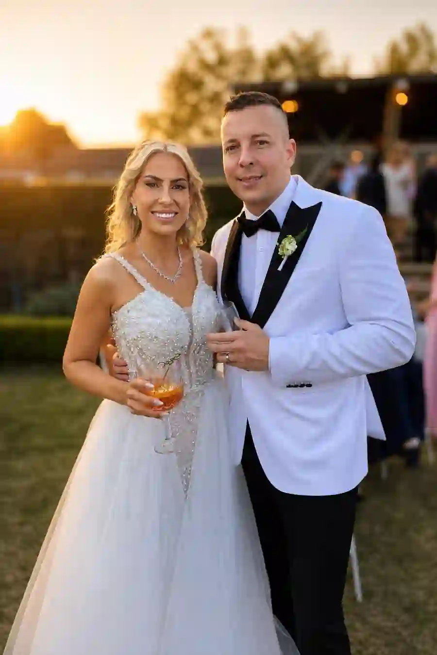 A Glam Beauty AI print of a bride and groom from the instant printing kiosk