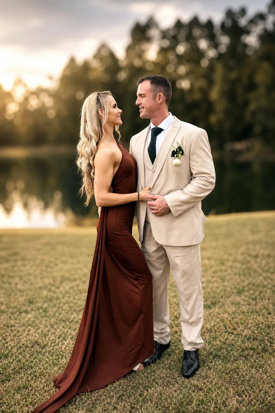 Glam Beauty AI print of a bride and groom by the lake from the instant printing kiosk