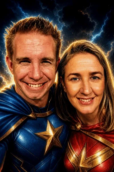 Superhero AI portrait of a couple in capes against a lightning backdrop, printed at a Durban event