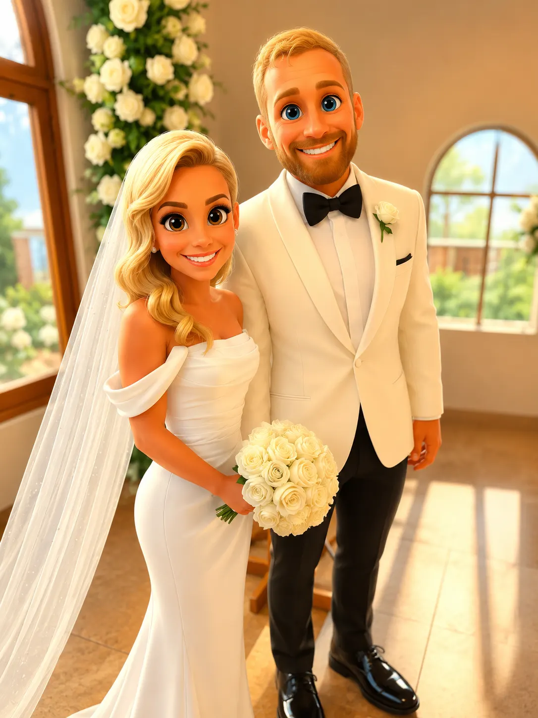 Animated-movie style AI print of a bride and groom at a KZN wedding