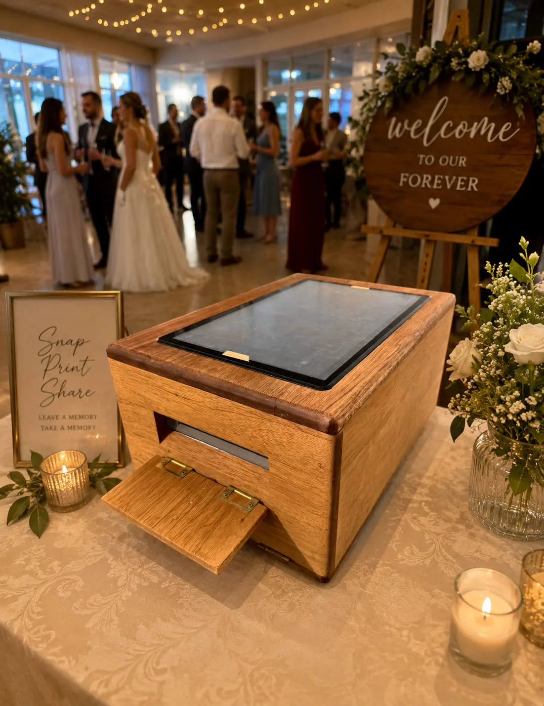 The Instant Printer kiosk on a candlelit table beside a Welcome To Our Forever sign as guests arrive at a Durban wedding