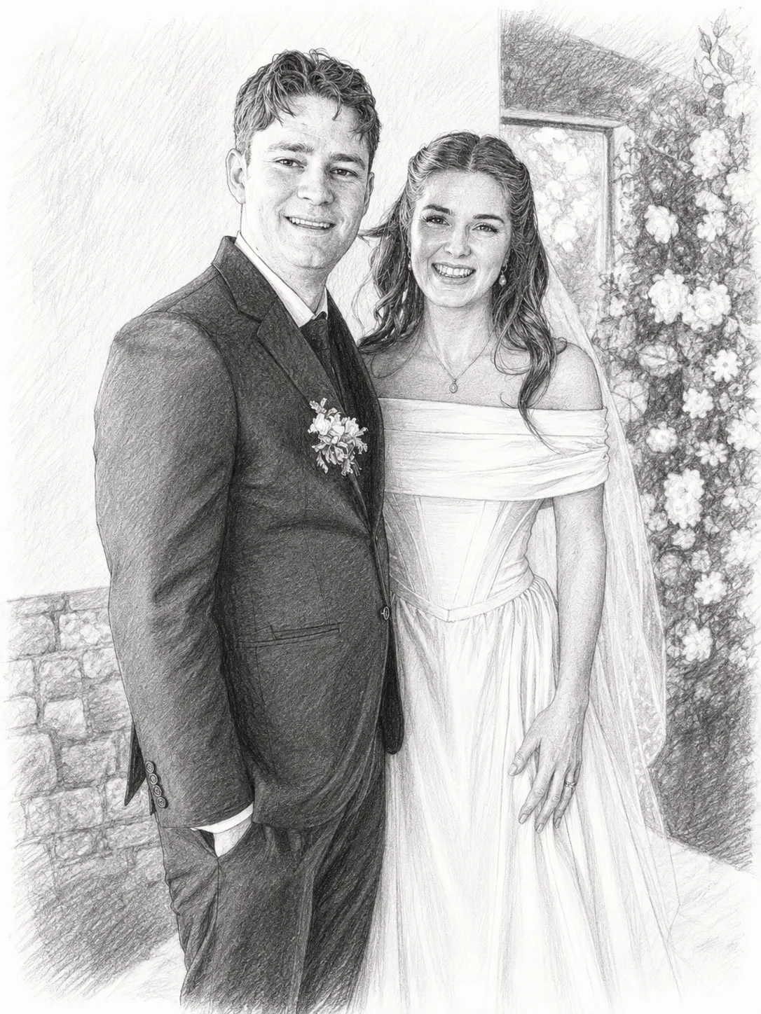 Pencil sketch AI print of a wedding couple from the Durban instant printing kiosk