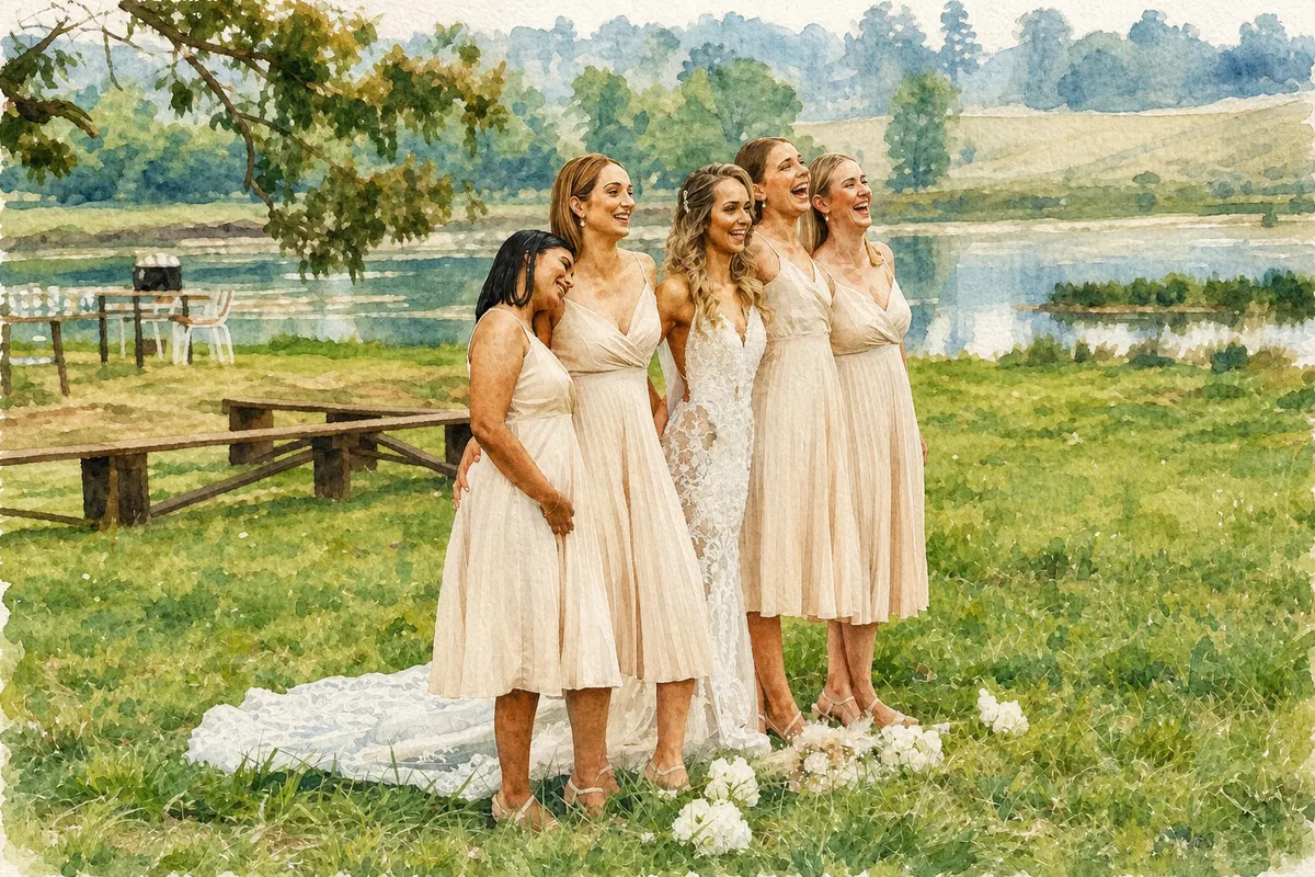 Water-colour AI print of a bridal party from the instant printing kiosk at a KZN wedding