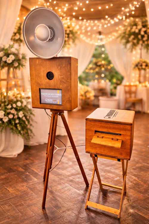 The Retrobooth and printer under fairy lights and draping at a KZN wedding reception