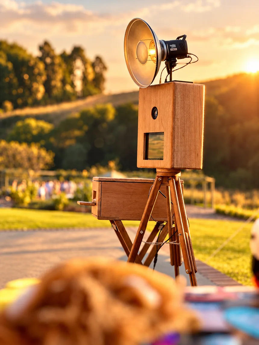 The handcrafted wooden Retrobooth on its tripod with a studio ring flash, set up at golden hour for an outdoor wedding in the KZN countryside