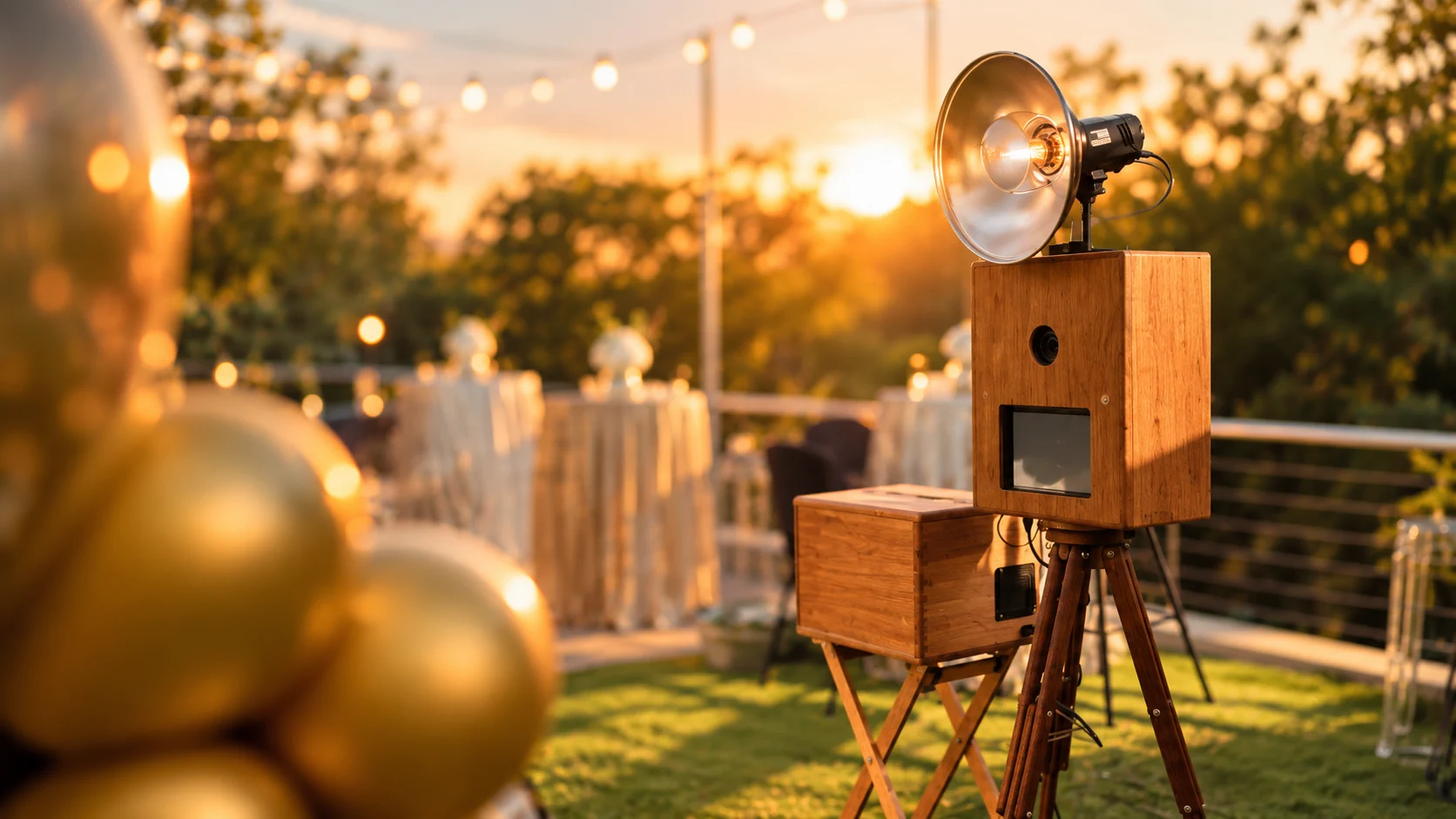 A Retrobooth photo booth and ring flash set up beside gold balloons at a golden-hour wedding reception in Umhlanga, KZN