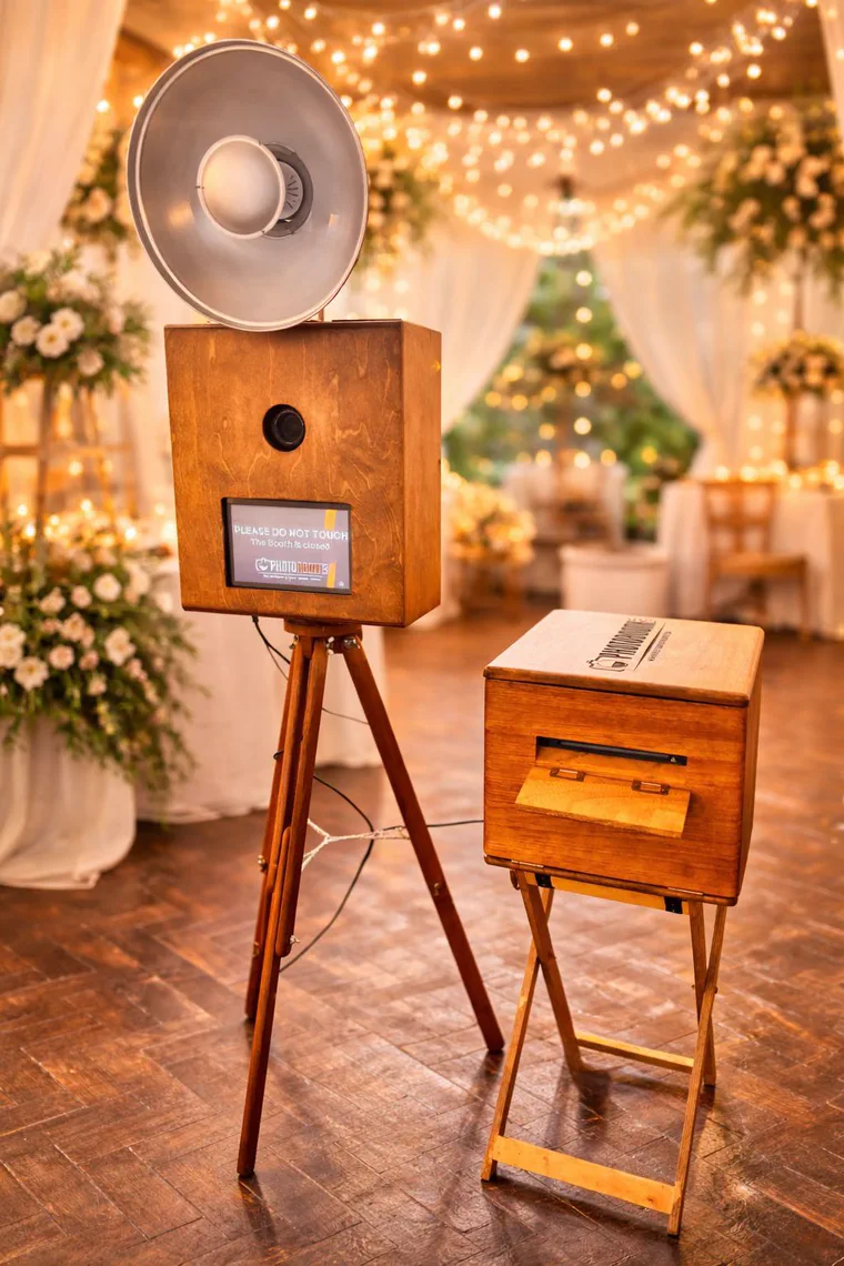 The Retrobooth and its wooden print table set up under a fairy-light canopy at a KZN Midlands wedding venue